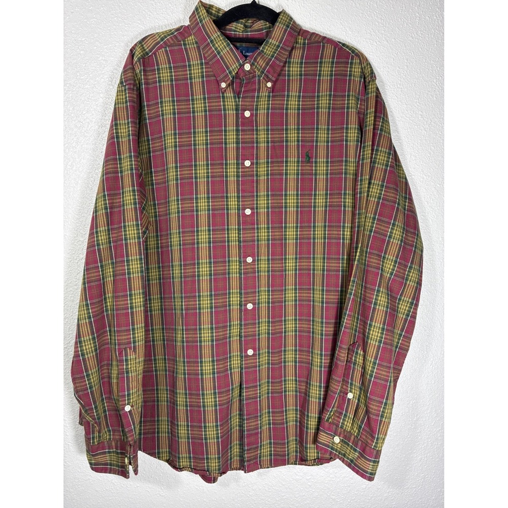 Polo Ralph Lauren Shirt Mens XXL Classic Fit Plaid Magenta Tan Green Long Sleeve